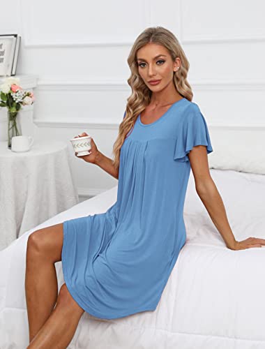 Women's Pleated Front Loose Fit Short Sleeve Nightgowns Sleep Dress with Hand Pockets (S - 5XL)
