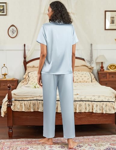 Satin Pajamas Set for Women Silk Button Down Sleepwear Short Sleeve Loungewear 2 Pieces Nightwear