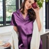 Womens Satin Pajamas Silk Capri Pjs 2 Piece Lounge Sets Short Sleeve Button Down Sleepwear