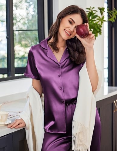 Womens Satin Pajamas Silk Capri Pjs 2 Piece Lounge Sets Short Sleeve Button Down Sleepwear