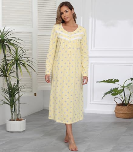 Long Cotton Nightgowns for Women 100% Cotton Night Gown Long Sleeve Ladies Nightgowns Sleepwear Vintage Sleep Dress