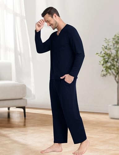 Men's Long Sleeve Pajama Set Soft Lightweight 2-Piece Sleepwear V-Neck Pjs for Nightwear Home Lounge with Pockets