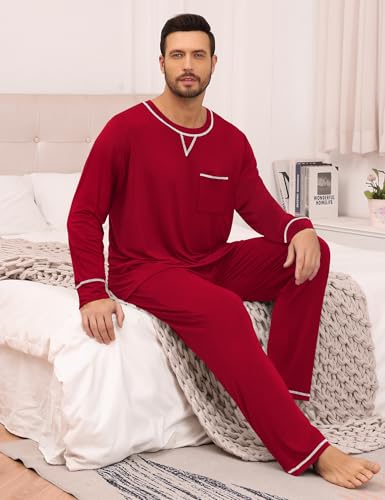 Mens Pajamas Set Modal Long Sleeve Sleepwear Crew Neck Pjs 2 Piece Loungewear Nightshirt Top & Pants with Pockets