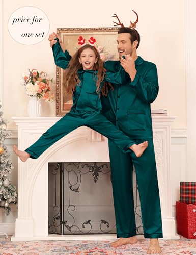 Matching Family Pajamas Set Women & Men & Kids Silk Satin Pjs 2 Pcs Long Sleeve Button Down Sleepwear with 2 Pockets