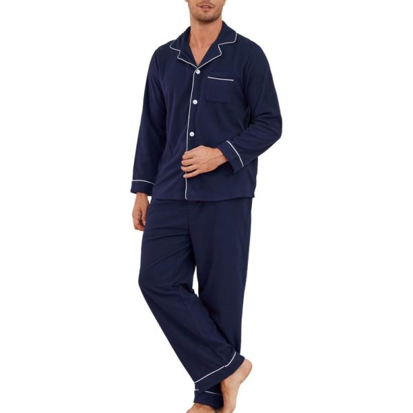 Mens Button Down Pajamas Set Soft Classic Lapel Sleepwear Long Sleeve Flannel Top & Pants Set