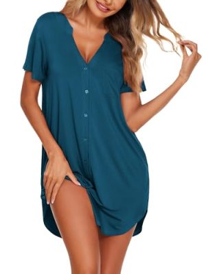 Women Button Down Nightgown V Neck Night Gowns Sleepshirts Short Sleep Shirts