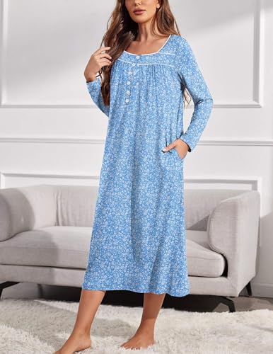 Womens Long Sleeve Nightgowns Long Sleep Shirts Henley Night Shirts Full Length Nightgown