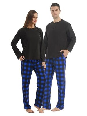Matching Pjs for Couples,Plaid Pajama Set for Women and Men Soft Warm Fleece Shirt and Pants Sleepwear Set