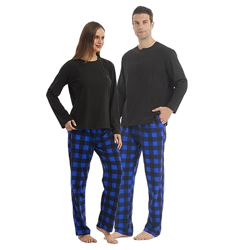 Matching Pjs for Couples,Plaid Pajama Set for Women and Men Soft Warm Fleece Shirt and Pants Sleepwear Set