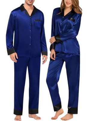Couples Satin Pajama Set Women & Men Long Sleeve Sleepwear Button Down Loungewear Silky Pj Set with Long Pants