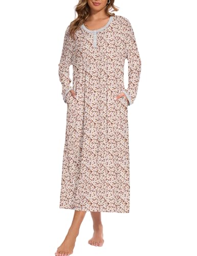 Cotton Nightgowns for Women Soft Long Sleeve Night Gown with Pockets