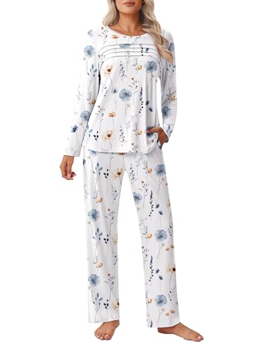 Womens Pajama Sets Pleated Tops with Long Pants Lounge Set Long Sleeve Fall Sleepwear Ladies Pjs S-XXL