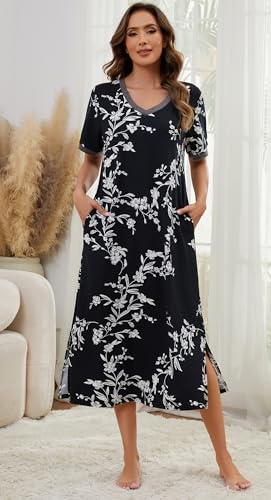 Cotton Nightgowns for Women Soft Short Sleeve Long Night Gowns Sleepwear with Pockets