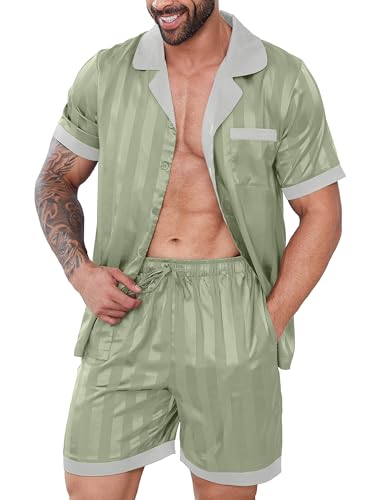 Mens Pajamas Set Satin Silk Pajama For Men Sleepwear Shorts Sexy Nightwear Button Down 2 Piece