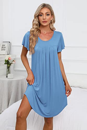 Women's Pleated Front Loose Fit Short Sleeve Nightgowns Sleep Dress with Hand Pockets (S - 5XL)