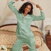Satin Pajamas for Women Silk Long Sleeve Sleepwear Button Down Loungewear 2 Pieces Lace Soft Pjs Set