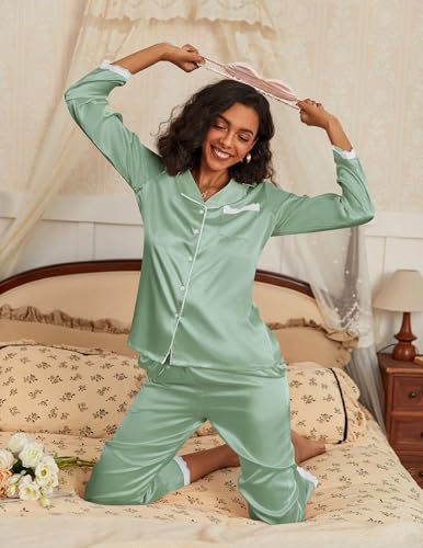 Satin Pajamas for Women Silk Long Sleeve Sleepwear Button Down Loungewear 2 Pieces Lace Soft Pjs Set