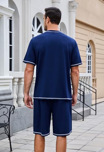 Mens Pajama Set, Soft Short Sleeve Lounge Set Pullover Pjs 2 Piece Outfits with Pocket