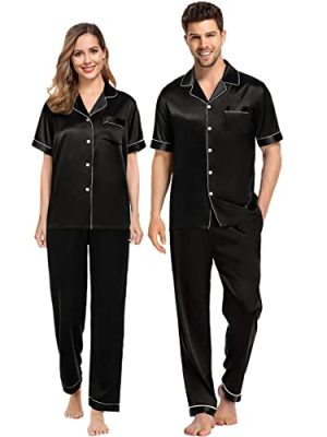 Couples Pajamas Sets Women & Men Satin Short Sleeve Sleepwear Button Down Loungewear Pjs Set with Long Pants
