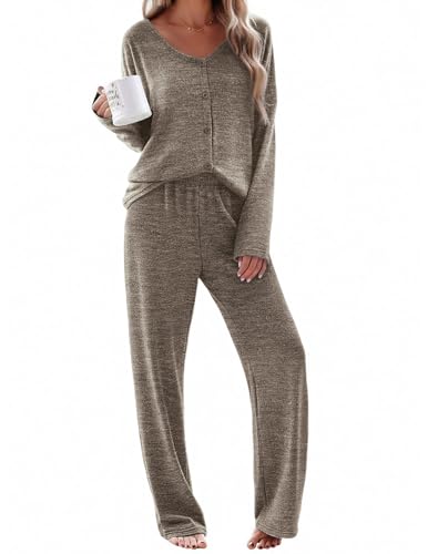 Womens Pajama Sets Button Up Long Sleeve Pjs Soft Lounge Set 2 Piece Sleepwear with Pockets