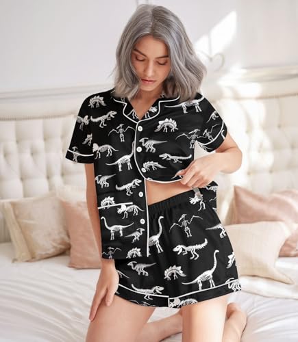 Women’s Silk Satin Pajama Set, Short Sleeve Button Down 2 Piece PJs with Shorts, Cozy Loungewear & Matching Holiday Pajamas