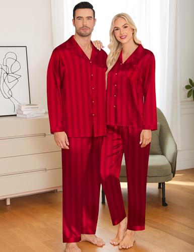 Couples Pajamas Womens &Mens Matching Pajamas Set Silk Satin Pj Set Long Sleeve Button Down Sleepwear 2 Pcs Loungewear