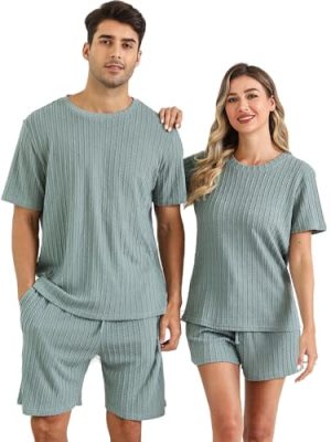 Matching Pajamas for Couples Ribbed Knit Pajama Short Sleeve Soft Sleepwear 2 Piece Loungewear S-XXL