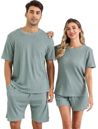 Matching Pajamas for Couples Ribbed Knit Pajama Short Sleeve Soft Sleepwear 2 Piece Loungewear S-XXL