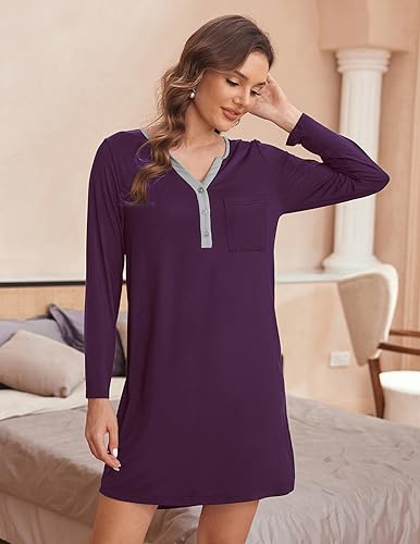 Women's Nightshirt Long Sleeve Button Down Nightgown V-Neck Sleepwear Casual Pajama Dress