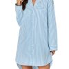 Women's Cotton Striped Nightgown Collar V Neck Long Sleeve Sleep Shirts Nightdress Button Down Nightwear