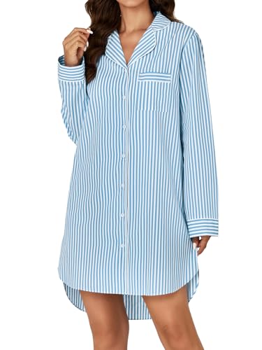 Women's Cotton Striped Nightgown Collar V Neck Long Sleeve Sleep Shirts Nightdress Button Down Nightwear