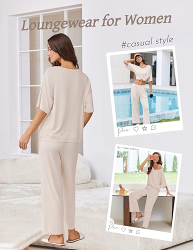 Lounge Sets for Women Comfy Pajamas Set 2 Piece Outfits Short Sleeve Tops and Wide Leg Pants with Large Pockets