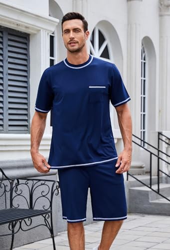 Mens Pajama Set, Soft Short Sleeve Lounge Set Pullover Pjs 2 Piece Outfits with Pocket