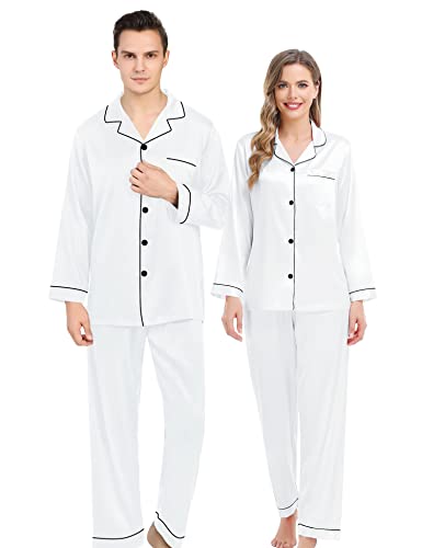 Couples Matching Silk Satin Pajamas Set Long Sleeve Sleepwear Soft Button Down Loungewear 2 Pcs Pj Set