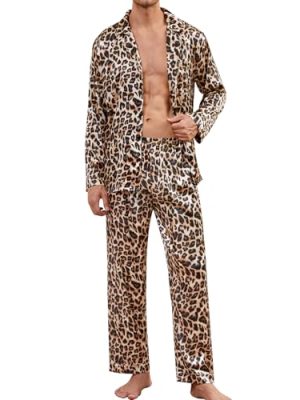 Men Pajamas Matching Pajamas Set Silk Satin Pj Long Sleeve Button Down Sleepwear 2 Pcs Loungewear