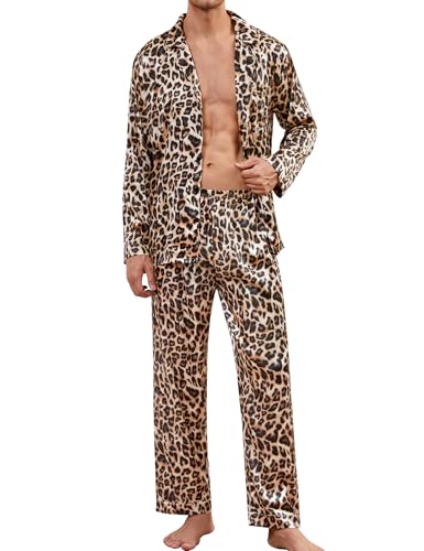 Men Pajamas Matching Pajamas Set Silk Satin Pj Long Sleeve Button Down Sleepwear 2 Pcs Loungewear