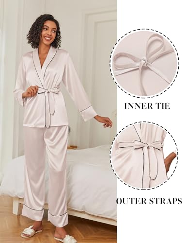 Satin Lounge Sets for Women 2 Pieces Silk Pajamas Set Long Sleeve Top with Pants Outfits with Belt