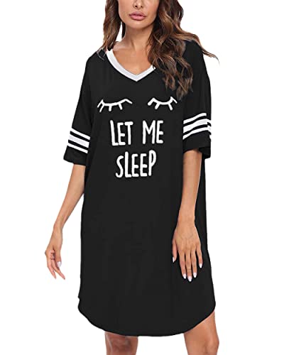 Sleep Shirts for Women Short Sleeve Cotton Novelty Night Shirts V Neck Oversized Nightgowns Cute Printed Nightdress