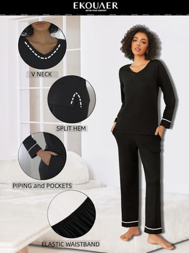 Womens Pajama Sets 2 piece Lounge Sets for Women V-neck Long Sleeve Top and Elastic Waist Pants with Pockets