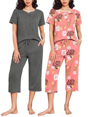 Capri Pajamas Short Sleeve Mumu Pjs Sets 2 Pieces Pleated Top and Capri Pants Sleepwear Loungewear for Women