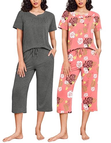 Capri Pajamas Short Sleeve Mumu Pjs Sets 2 Pieces Pleated Top and Capri Pants Sleepwear Loungewear for Women
