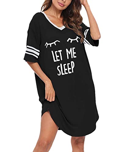 Sleep Shirts for Women Short Sleeve Cotton Novelty Night Shirts V Neck Oversized Nightgowns Cute Printed Nightdress