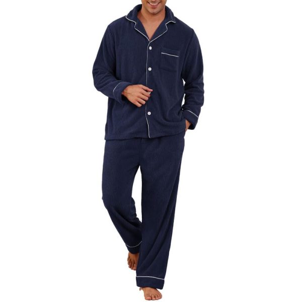 Mens Fleece Pajama Set, Soft Warm Long Sleeve Sleepwear with Pockets Cozy Button-Down Pjs for Men
