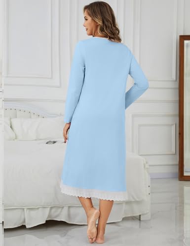 Nightgowns for Women Soft 100% Cotton House Dress Embroidery Long Sleeve Night Gowns Comfy Long Sleepwear