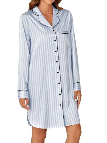 Women's Silk Satin Striped Nightgown Button Down Collar V Neck Long Sleeve Nightshirt Nightdress