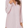 Women's Striped Nightgown Collar V Neck Button Down Long Sleeve Sleep Shirt Top Nightdress