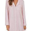 Women's Striped Nightgown Collar V Neck Button Down Long Sleeve Sleep Shirt Top Nightdress