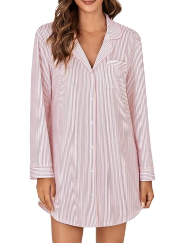 Women's Striped Nightgown Collar V Neck Button Down Long Sleeve Sleep Shirt Top Nightdress