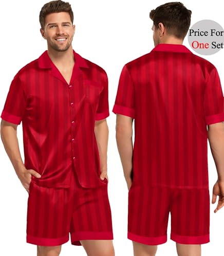 Couples Pajama Set Women & Men Silk Satin Short Sleeve Set Top and Shorts Sleepwear Soft Button-Down Loungewear
