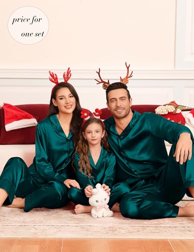Matching Family Pajamas Set Women & Men & Kids Silk Satin Pjs 2 Pcs Long Sleeve Button Down Sleepwear with 2 Pockets